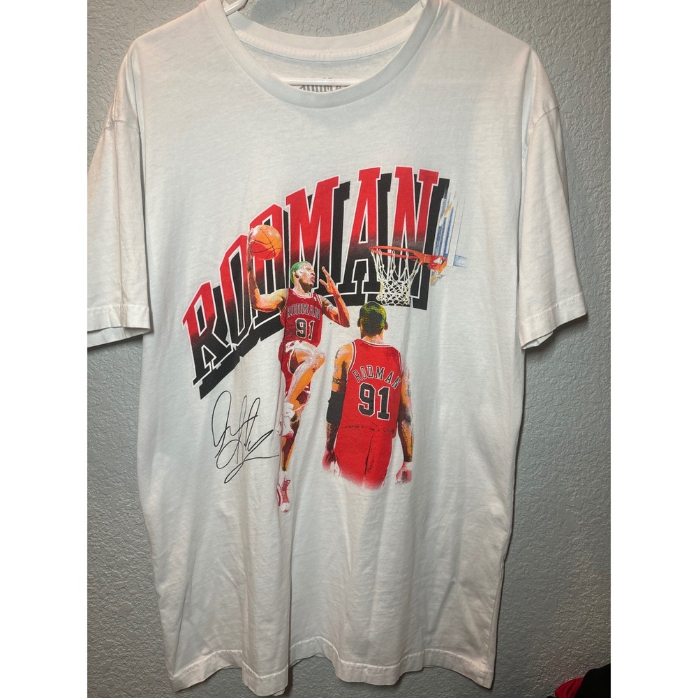 Rodman Graphic T-Shirt Basketball Tee Mens White Print Top Size L